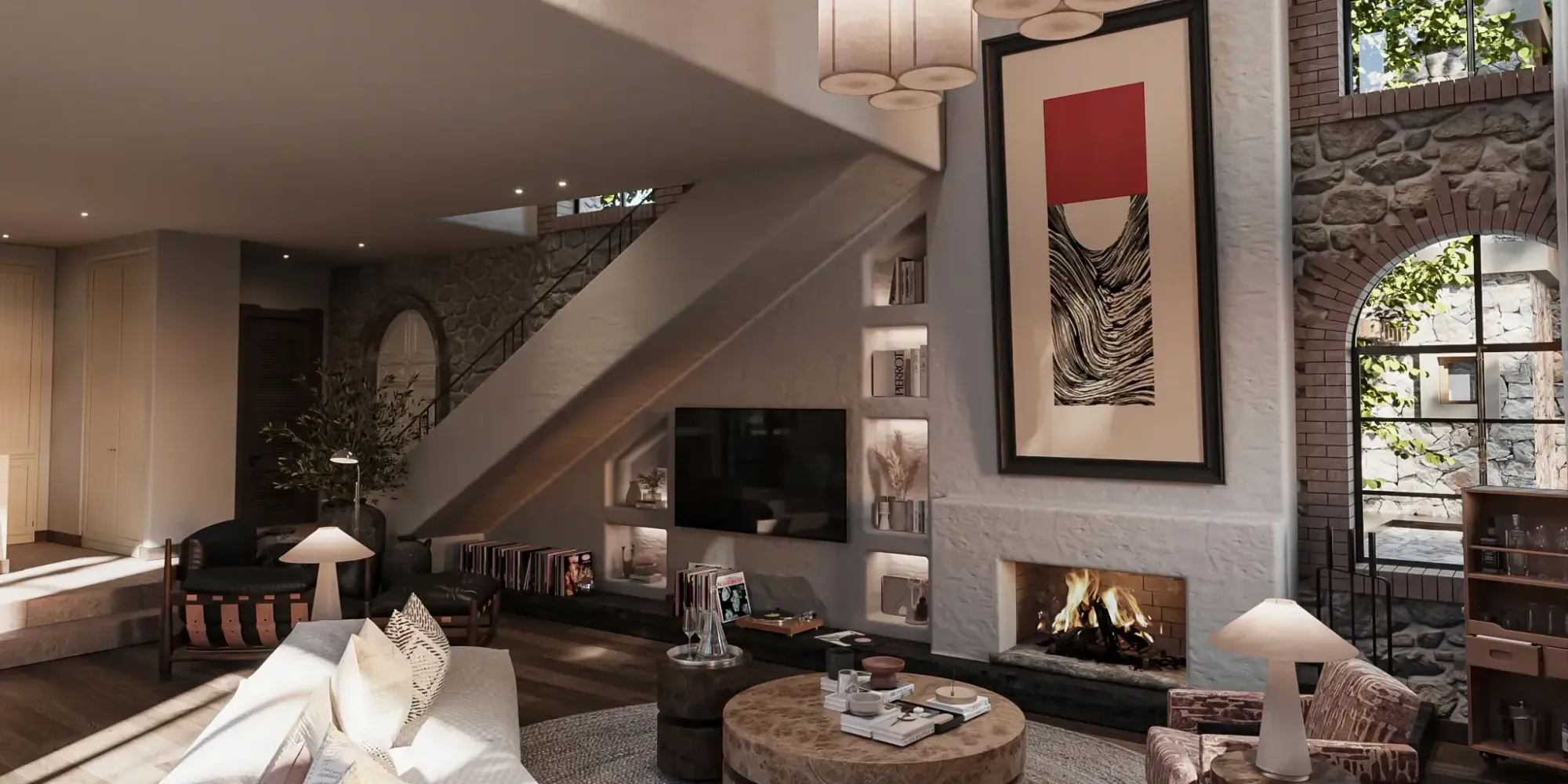 A double-height living space with stone walls and arched windows
